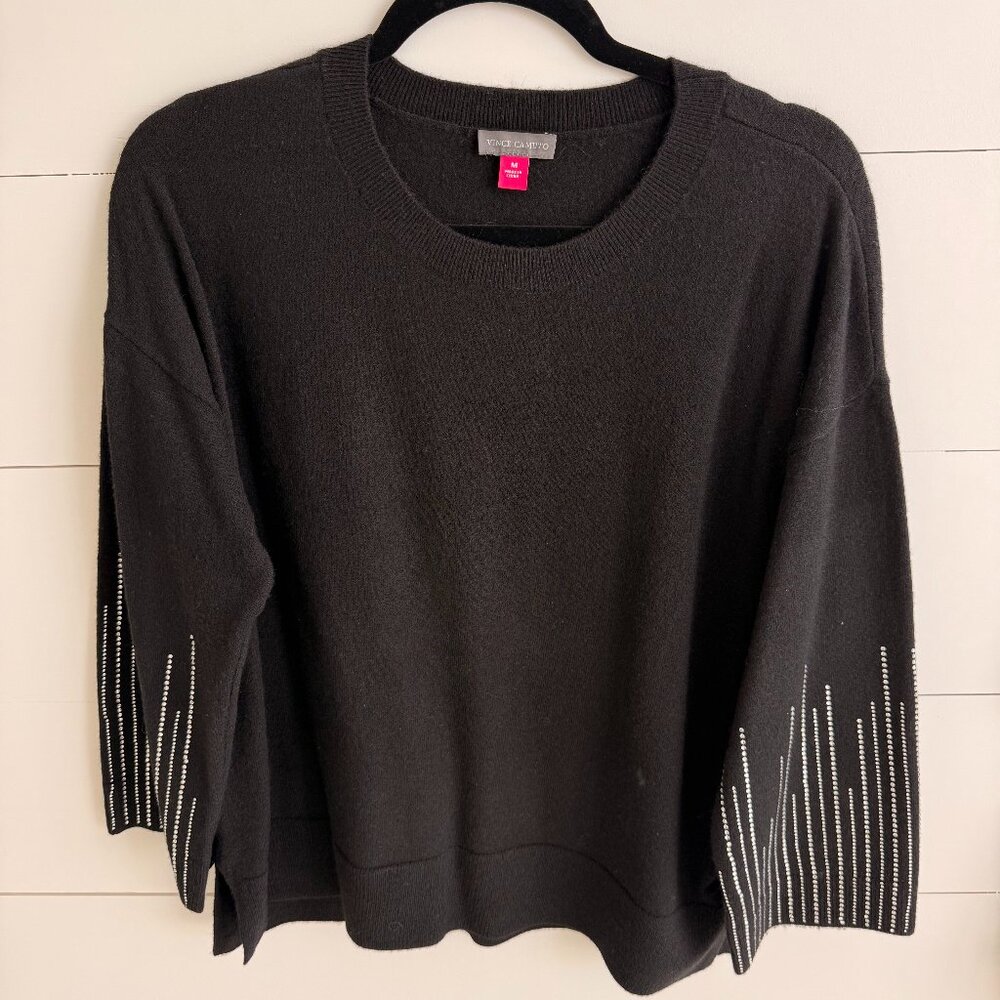 Vince Camuto Black Sweater with Rhinestone Detailing on Sleeves